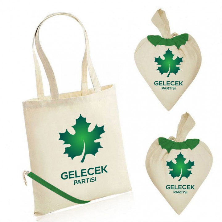 Gelecek Partisi Logolu Kalp Büzgülü Ham Bez Promosyon Çanta